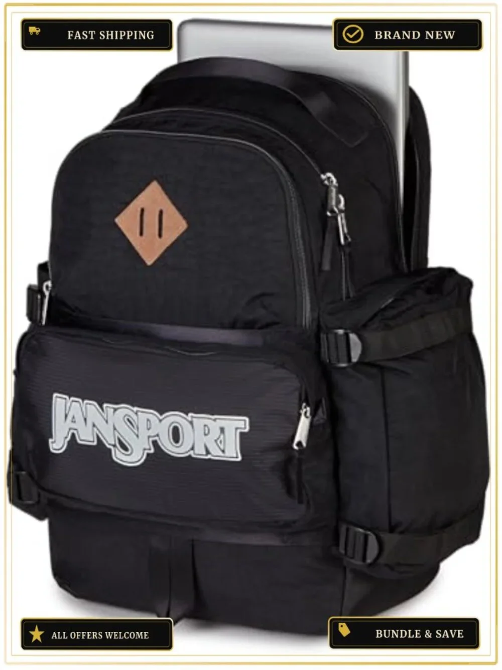 Durable JanSport Daypack Backpack with Laptop Sleeve, Water Bottle Pockets, 34L